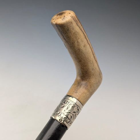 Circa 1900 British antique black shaft L-shaped antler handle walking stick 75cm